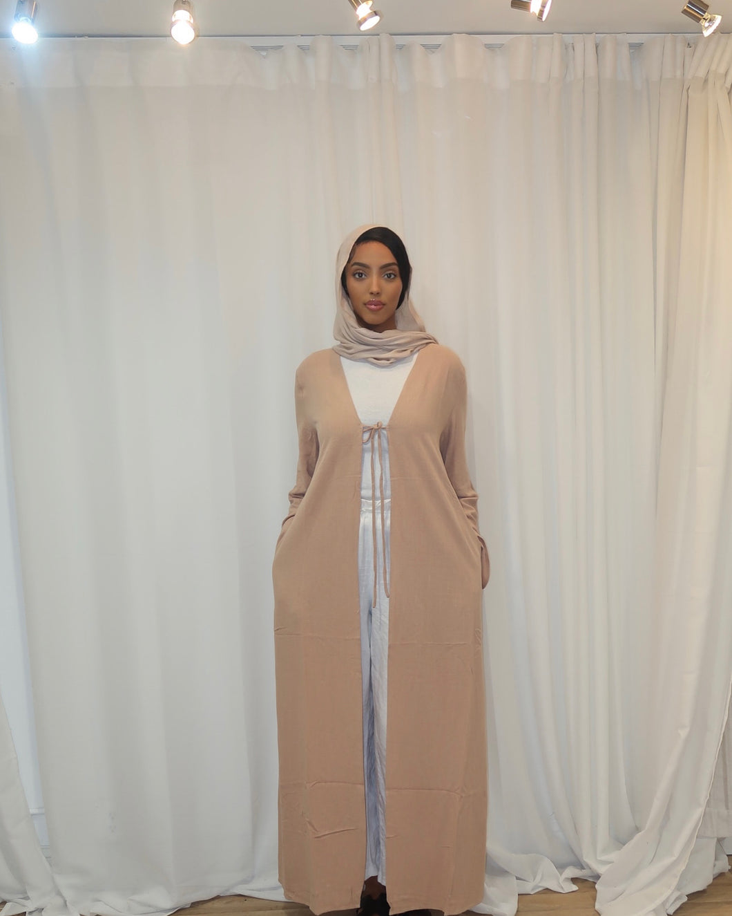 Linen Tie Abaya in CHAI