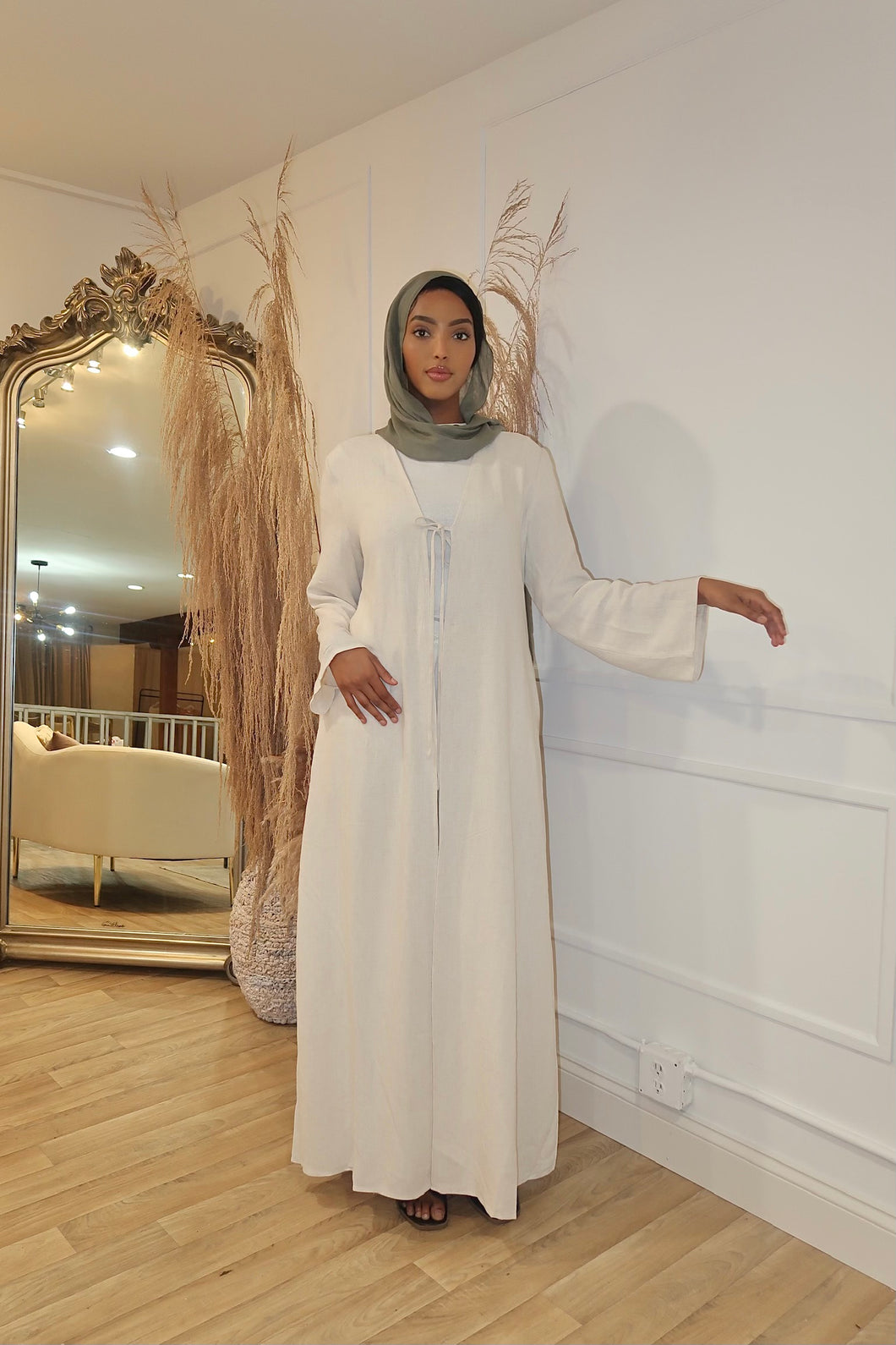 Linen Tie Abaya in IVORY